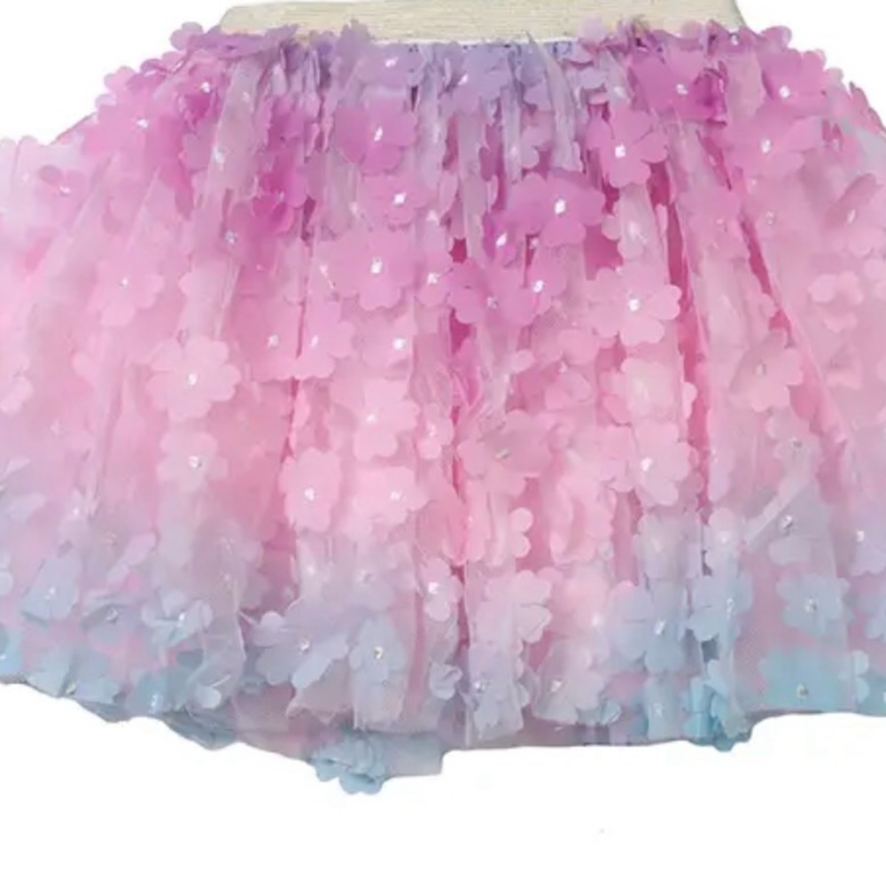 Pink Gradient Floral Appliqué Tulle Skirt